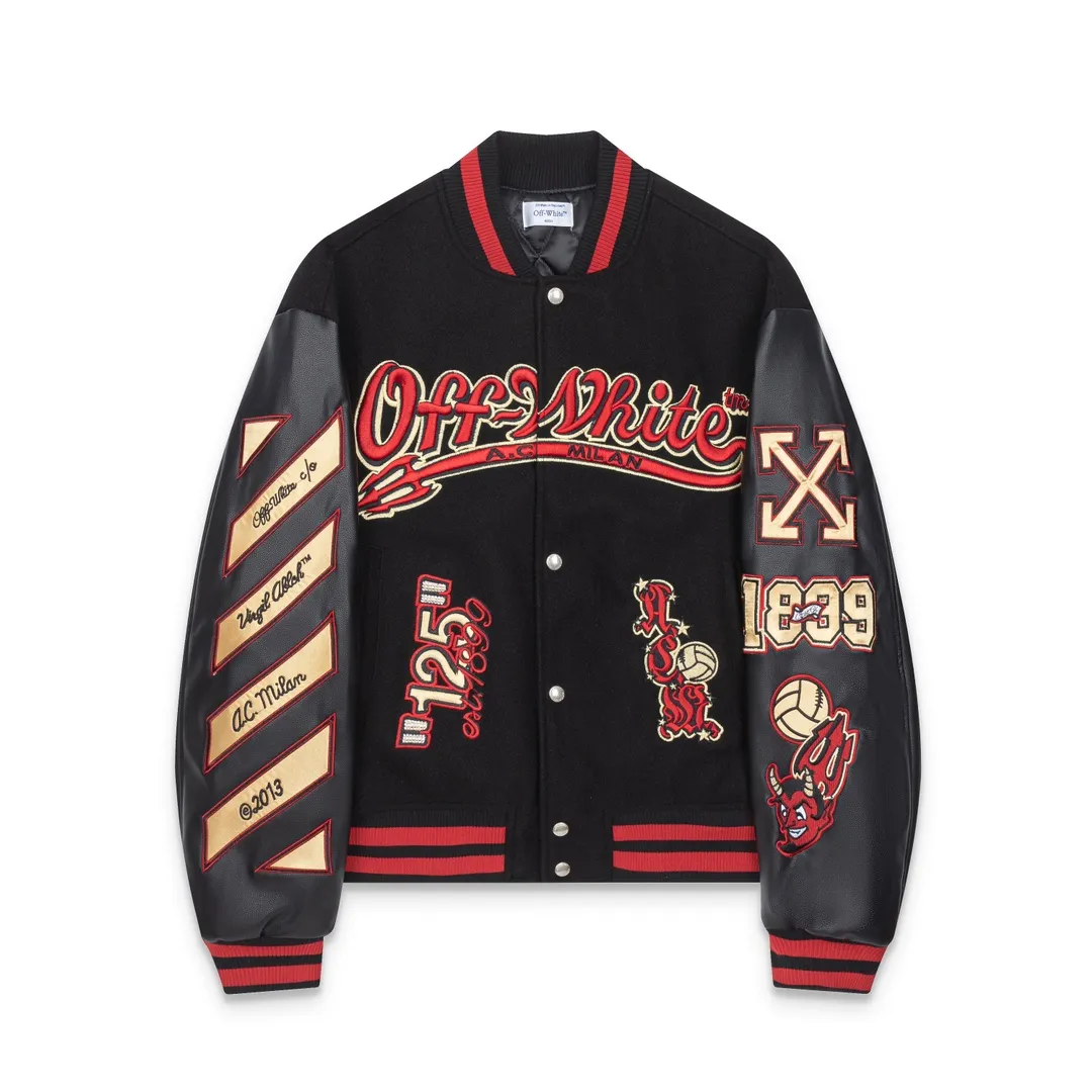 S39#P700, offwhite24ss heavily embroidered leather baseball down jacket, woolen fabric couple's jacket, black size: S M L XL